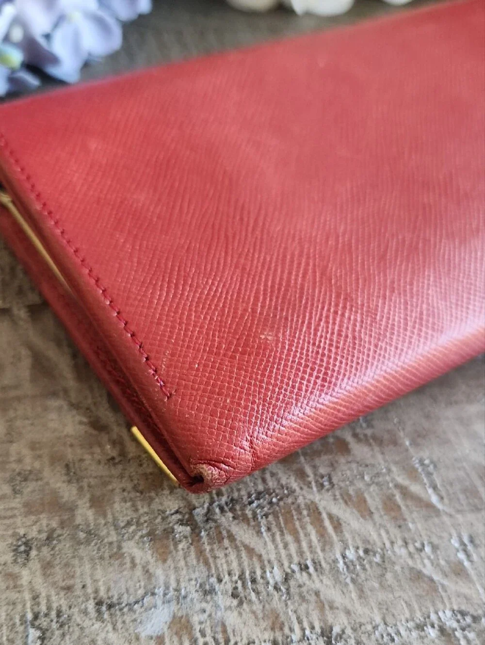 Givenchy Red Textured Leather Long Wallet with Gold Corner Accents